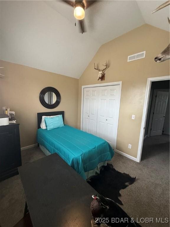 1720 Lakeview Dr, Chillicothe, MO 64601 - carpeted bedroom featuring lofted ceiling, a closet, and ceiling fan