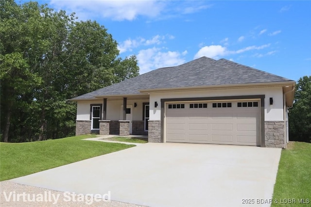 25 Sam Dr, Kaiser, MO 65047 - view of front of property with stone siding, driveway, an attached garage, a front yard, and roof with shingles