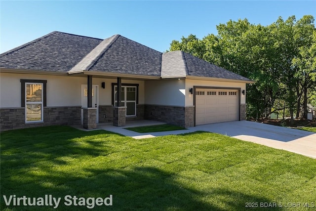 25 Sam Dr, Kaiser, MO 65047 - view of front of property with stucco siding, a shingled roof, an attached garage, driveway, and stone siding