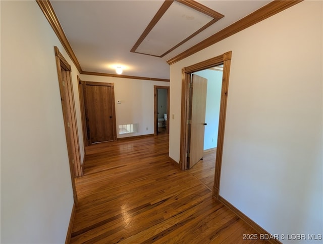 742 Pappys Pt, Sunrise Beach, MO 65079 - hall featuring attic access, ornamental molding, and light wood-style floors