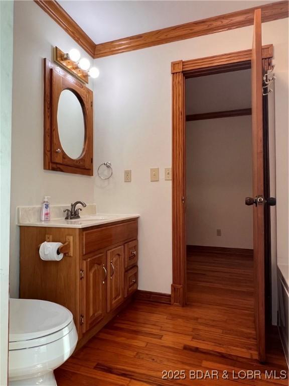 742 Pappys Pt, Sunrise Beach, MO 65079 - bathroom featuring wood finished floors, vanity, and ornamental molding