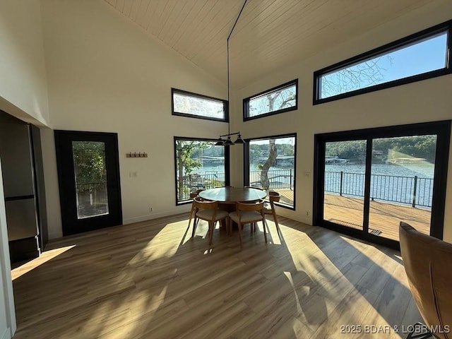 5185 Lois Ln, Osage Beach, MO 65065 - dining area with high vaulted ceiling, wood finished floors, healthy amount of natural light, and wooden ceiling