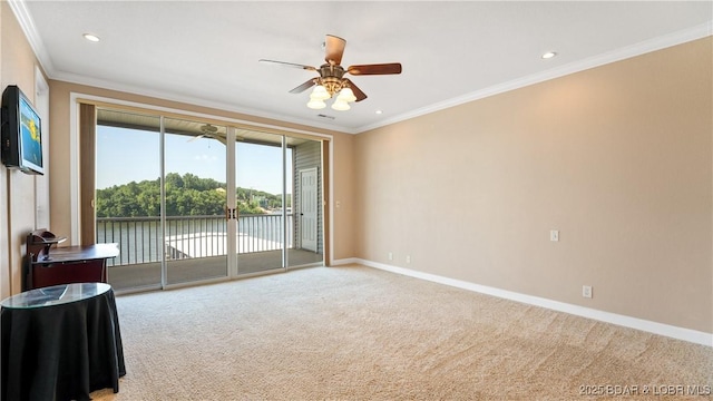 895 Summer Place Dr Unit 3A, Camdenton, MO 65020 - spare room featuring a ceiling fan, carpet floors, crown molding, and recessed lighting