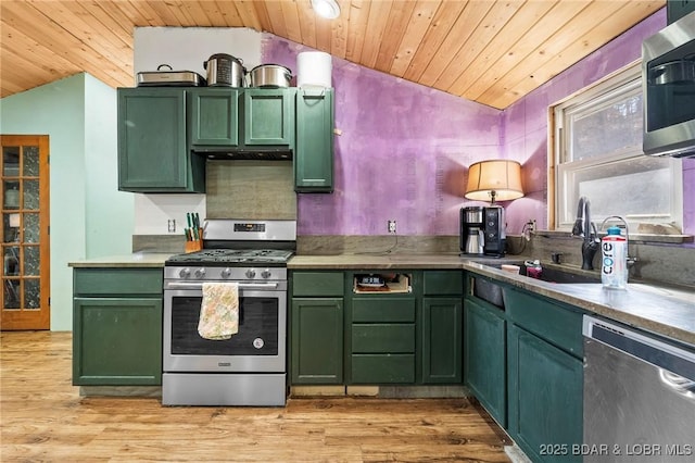 740 Twin Valley Loop, Linn Creek, MO 65052 - kitchen with green cabinetry, stainless steel appliances, vaulted ceiling, wooden ceiling, and light wood finished floors