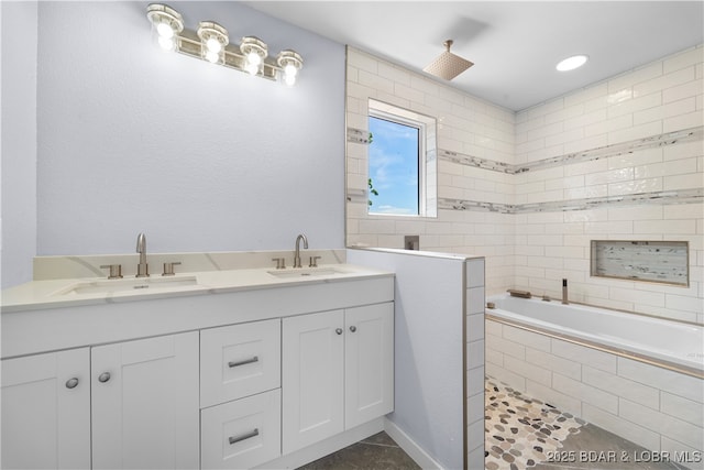 40 Walnut Ct, Eldon, MO 65026 - bathroom featuring tiled tub, double vanity, tiled shower, and tile patterned floors