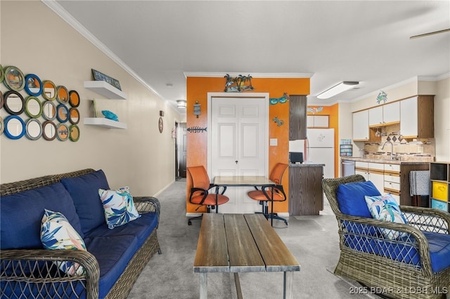 19 Catalpa Ct Unit 2D, Lake Ozark, MO 65049 - carpeted living room with a sink and crown molding
