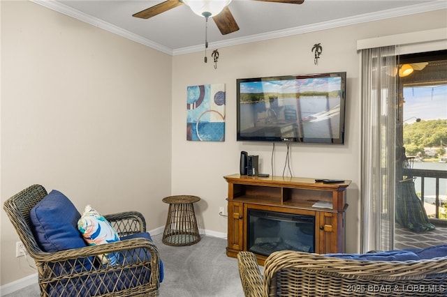 19 Catalpa Ct Unit 2D, Lake Ozark, MO 65049 - sitting room with carpet floors, ceiling fan, crown molding, and plenty of natural light