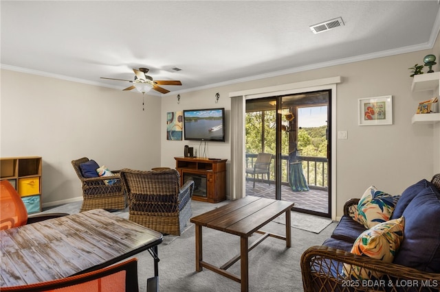 19 Catalpa Ct Unit 2D, Lake Ozark, MO 65049 - living room featuring light carpet, crown molding, and ceiling fan