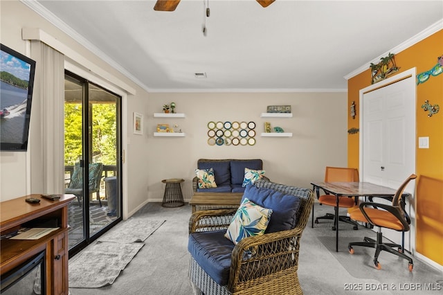 19 Catalpa Ct Unit 2D, Lake Ozark, MO 65049 - living area with carpet floors, ornamental molding, and a ceiling fan