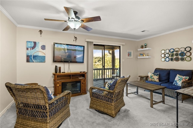 19 Catalpa Ct Unit 2D, Lake Ozark, MO 65049 - living room with light colored carpet, ornamental molding, and a ceiling fan