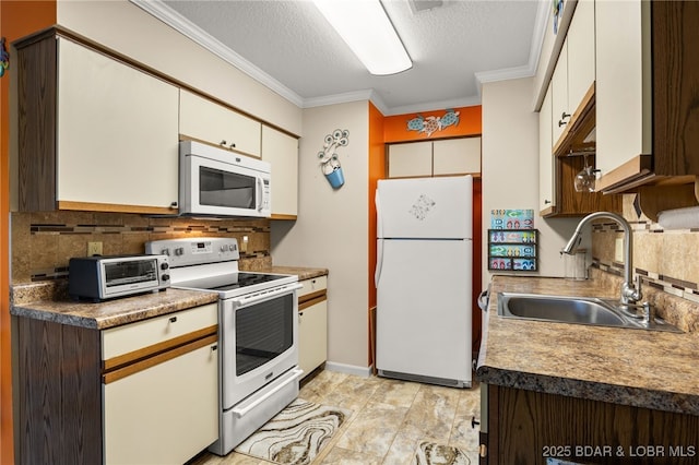19 Catalpa Ct Unit 2D, Lake Ozark, MO 65049 - kitchen featuring white appliances, tasteful backsplash, ornamental molding, a textured ceiling, and white cabinetry