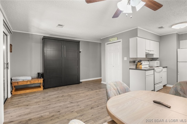 19 Catalpa Ct Unit 2C, Lake Ozark, MO 65049 - kitchen featuring white appliances, a textured ceiling, ceiling fan, light wood-style flooring, and crown molding
