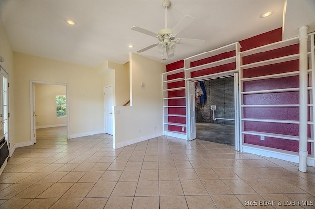 1480 Copperstone Rd, Camdenton, MO 65020 - empty room with light tile patterned floors, built in shelves, ceiling fan, and recessed lighting