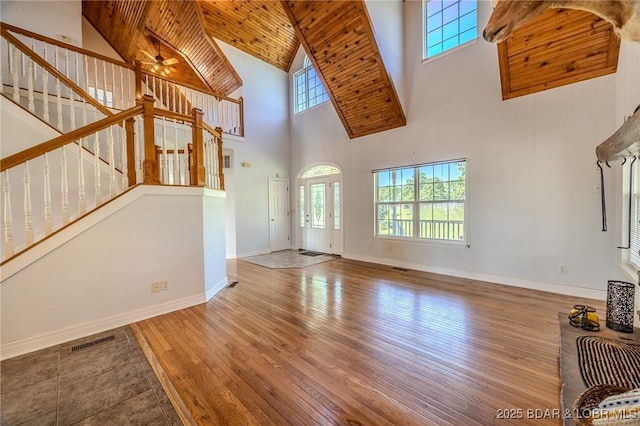1480 Copperstone Rd, Camdenton, MO 65020 - unfurnished living room featuring high vaulted ceiling, hardwood / wood-style floors, plenty of natural light, stairs, and a ceiling fan