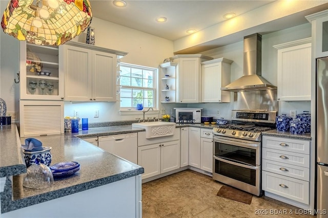 1480 Copperstone Rd, Camdenton, MO 65020 - kitchen with wall chimney exhaust hood, stainless steel appliances, open shelves, dark countertops, and recessed lighting