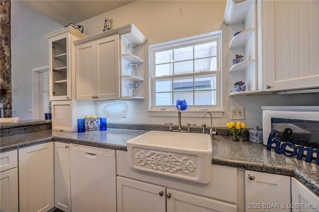 1480 Copperstone Rd, Camdenton, MO 65020 - kitchen featuring open shelves, dishwasher, dark countertops, and white cabinetry