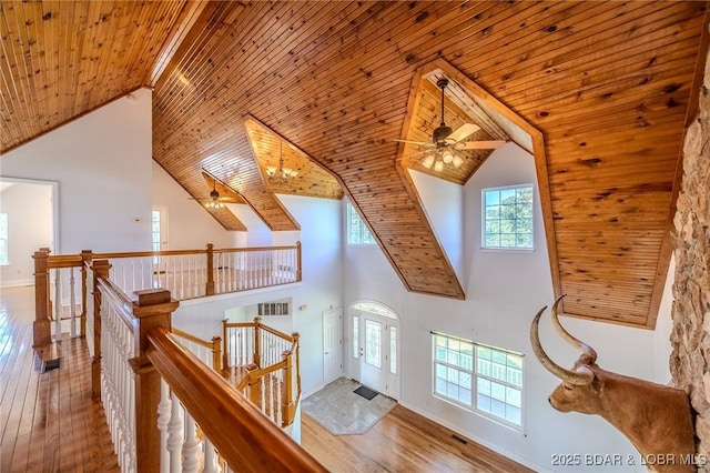 1480 Copperstone Rd, Camdenton, MO 65020 - living area with ceiling fan, high vaulted ceiling, wood ceiling, and wood-type flooring