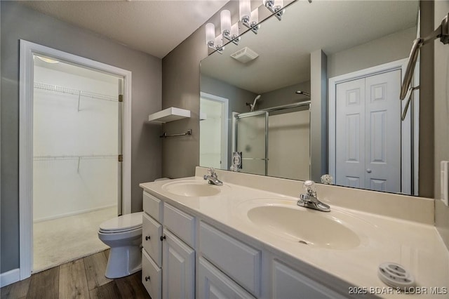 893 Winetavern Rd, Osage Beach, MO 65065 - bathroom featuring a stall shower, wood finished floors, double vanity, and a walk in closet