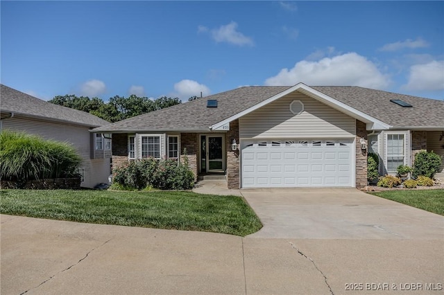893 Winetavern Rd, Osage Beach, MO 65065 - single story home with a garage, concrete driveway, a front yard, a shingled roof, and stone siding