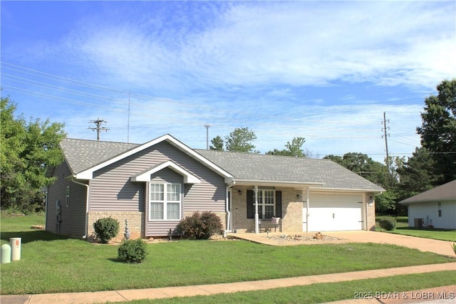 891 Azalea Ct, Osage Beach, MO 65065 - single story home featuring brick siding, a front yard, concrete driveway, a garage, and covered porch