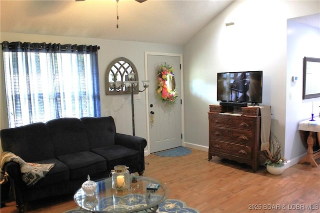 891 Azalea Ct, Osage Beach, MO 65065 - living room with vaulted ceiling, wood finished floors, and a ceiling fan
