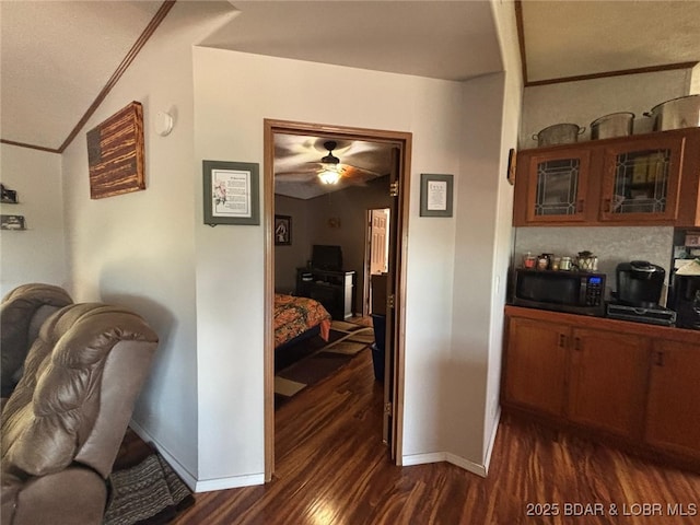 17362 Country Life Rd, Gravois Mills, MO 65037 - corridor featuring dark wood-style flooring, ornamental molding, and vaulted ceiling