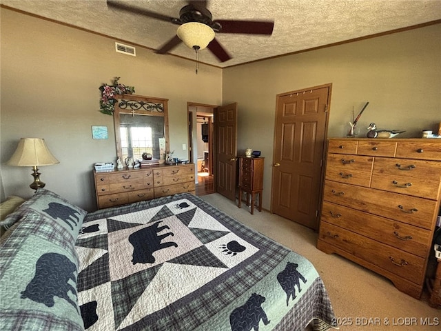 17362 Country Life Rd, Gravois Mills, MO 65037 - bedroom featuring light colored carpet, a textured ceiling, ornamental molding, and ceiling fan