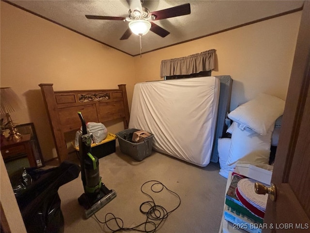 17362 Country Life Rd, Gravois Mills, MO 65037 - carpeted bedroom with ornamental molding, a textured ceiling, vaulted ceiling, and a ceiling fan