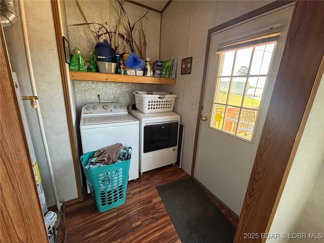 17362 Country Life Rd, Gravois Mills, MO 65037 - laundry room with washing machine and dryer and dark wood-style flooring