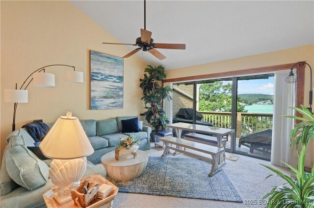 2500 Bay Point Ln Unit 444, Osage Beach, MO 65065 - living room featuring a ceiling fan, carpet floors, and lofted ceiling