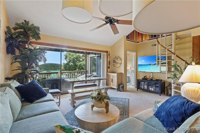 2500 Bay Point Ln Unit 444, Osage Beach, MO 65065 - carpeted living area with ceiling fan and lofted ceiling