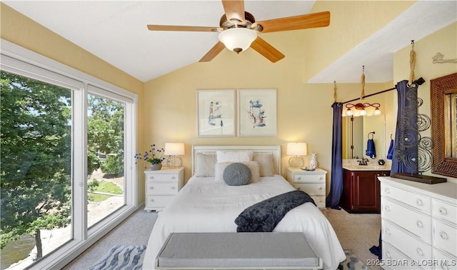 2500 Bay Point Ln Unit 444, Osage Beach, MO 65065 - bedroom featuring light colored carpet, vaulted ceiling, and ceiling fan
