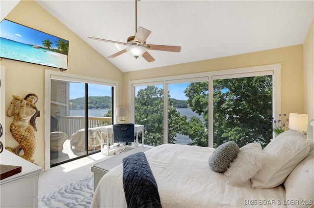 2500 Bay Point Ln Unit 444, Osage Beach, MO 65065 - carpeted bedroom with access to exterior, lofted ceiling, and a ceiling fan