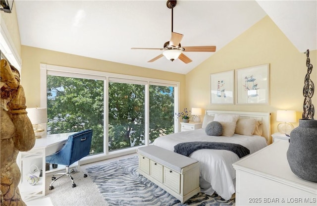 2500 Bay Point Ln Unit 444, Osage Beach, MO 65065 - bedroom with vaulted ceiling, multiple windows, a desk, and ceiling fan