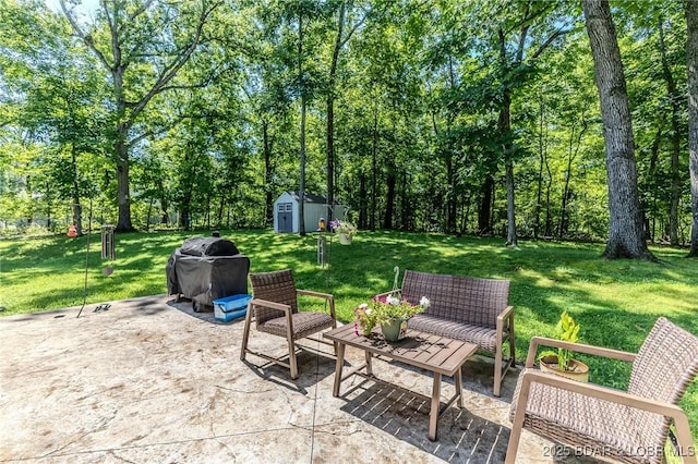 326 Bloomington Dr, Four Seasons, MO 65049 - view of patio featuring a shed, area for grilling, and an outdoor hangout area