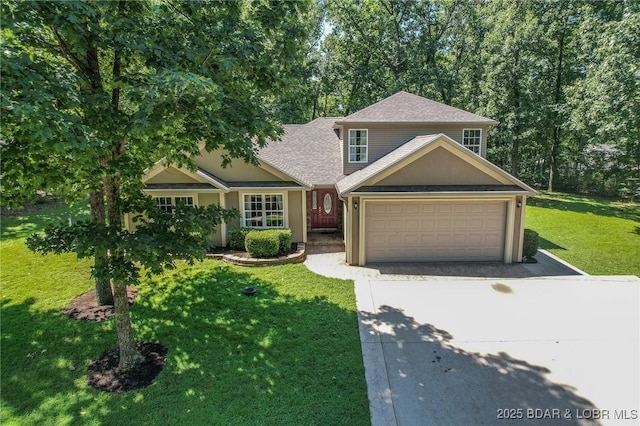 326 Bloomington Dr, Four Seasons, MO 65049 - traditional-style home with concrete driveway, a garage, a front yard, and a shingled roof