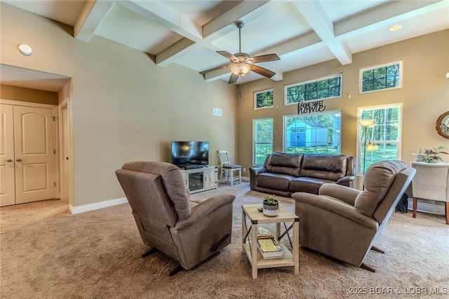 326 Bloomington Dr, Four Seasons, MO 65049 - living room featuring carpet floors, coffered ceiling, a ceiling fan, beamed ceiling, and a towering ceiling