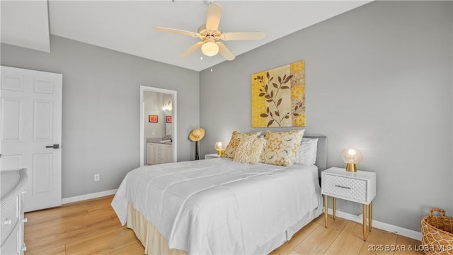 54 Palisades Lakeview Dr Unit 1B, Lake Ozark, MO 65049 - bedroom with light wood-style flooring, ensuite bathroom, and ceiling fan