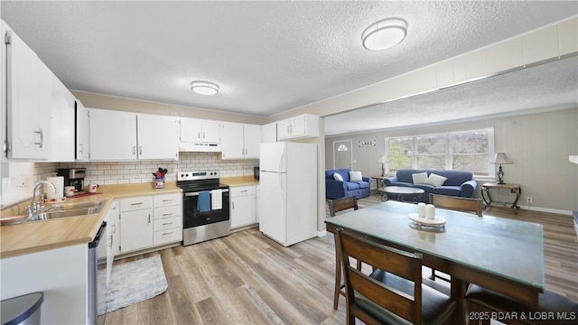 160 Bridgeview Dr, Camdenton, MO 65020 - kitchen with stainless steel appliances, under cabinet range hood, light wood finished floors, a textured ceiling, and tasteful backsplash