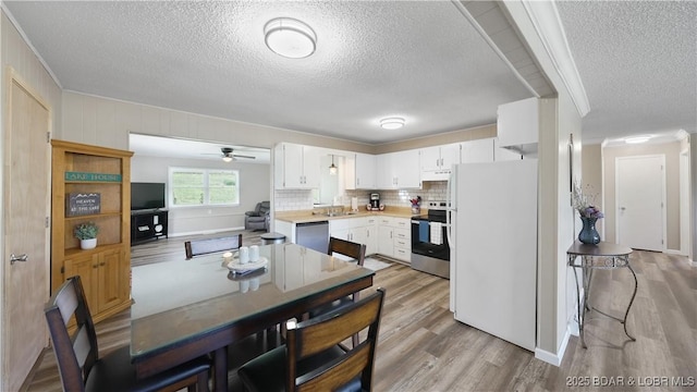 160 Bridgeview Dr, Camdenton, MO 65020 - kitchen with appliances with stainless steel finishes, a textured ceiling, light countertops, light wood finished floors, and a ceiling fan