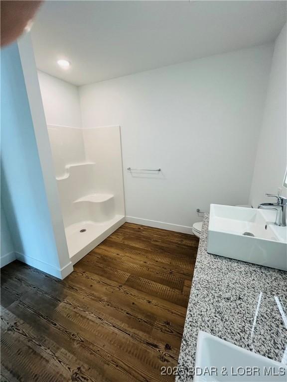 295 Highland Shores Dr Unit 5F, Lake Ozark, MO 65049 - bathroom featuring wood finished floors, vanity, and a shower