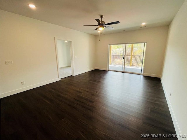 295 Highland Shores Dr Unit 4D, Lake Ozark, MO 65049 - empty room with ceiling fan, dark wood-style floors, and recessed lighting