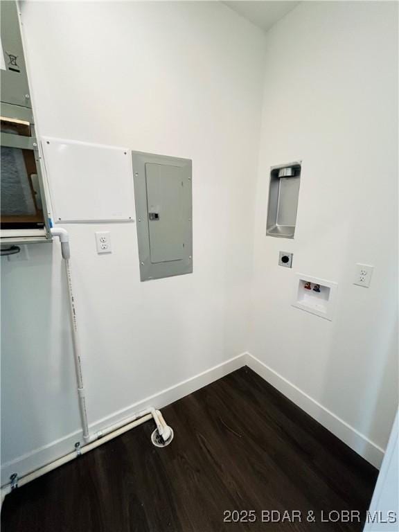 295 Highland Shores Dr Unit 4D, Lake Ozark, MO 65049 - laundry area featuring electric panel, dark wood-style floors, hookup for a washing machine, and hookup for an electric dryer