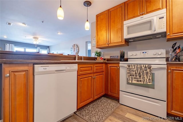 1481 Ledges Dr Unit C24, Osage Beach, MO 65065 - kitchen with white appliances, brown cabinets, and dark countertops