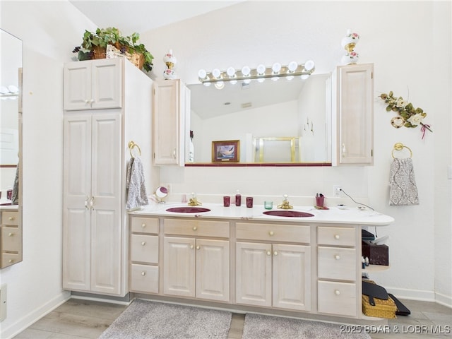 1620 Triple Cove Ln, Climax Springs, MO 65324 - full bath featuring double vanity, vaulted ceiling, and wood finished floors