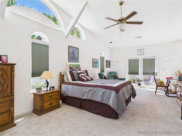 1620 Triple Cove Ln, Climax Springs, MO 65324 - bedroom with carpet floors, high vaulted ceiling, a ceiling fan, and access to outside