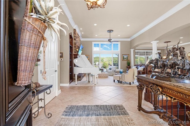 1163 Beacon Pointe Cir, Lake Ozark, MO 65049 - entryway featuring ornate columns, light tile patterned floors, ornamental molding, recessed lighting, and ceiling fan