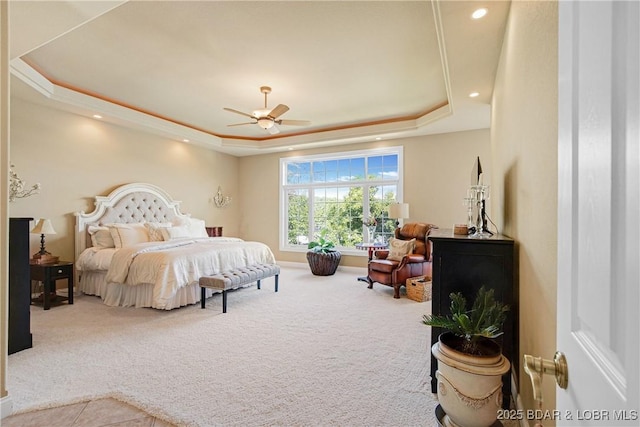 1163 Beacon Pointe Cir, Lake Ozark, MO 65049 - carpeted bedroom featuring a tray ceiling, ceiling fan, and recessed lighting