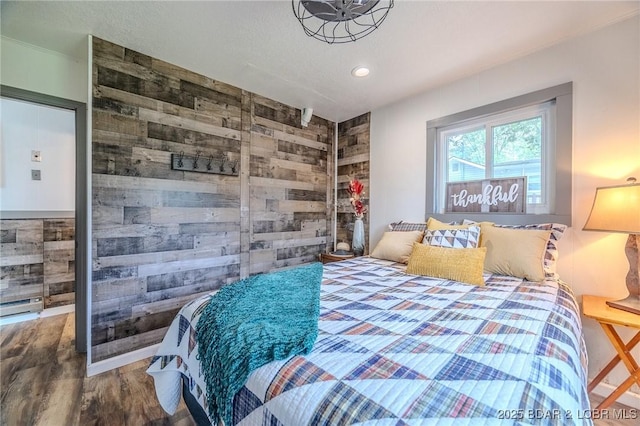54 White Rock Ln, Sunrise Beach, MO 65079 - bedroom featuring wood finished floors, recessed lighting, and wood walls