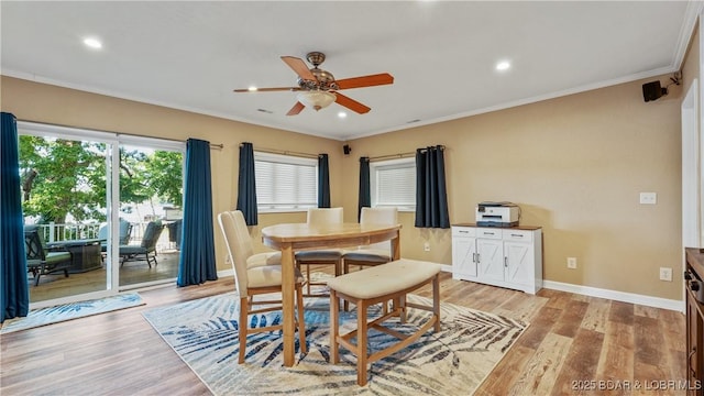 161 Tanglewood Dr, Camdenton, MO 65020 - dining space with ceiling fan, ornamental molding, light wood-style flooring, and recessed lighting